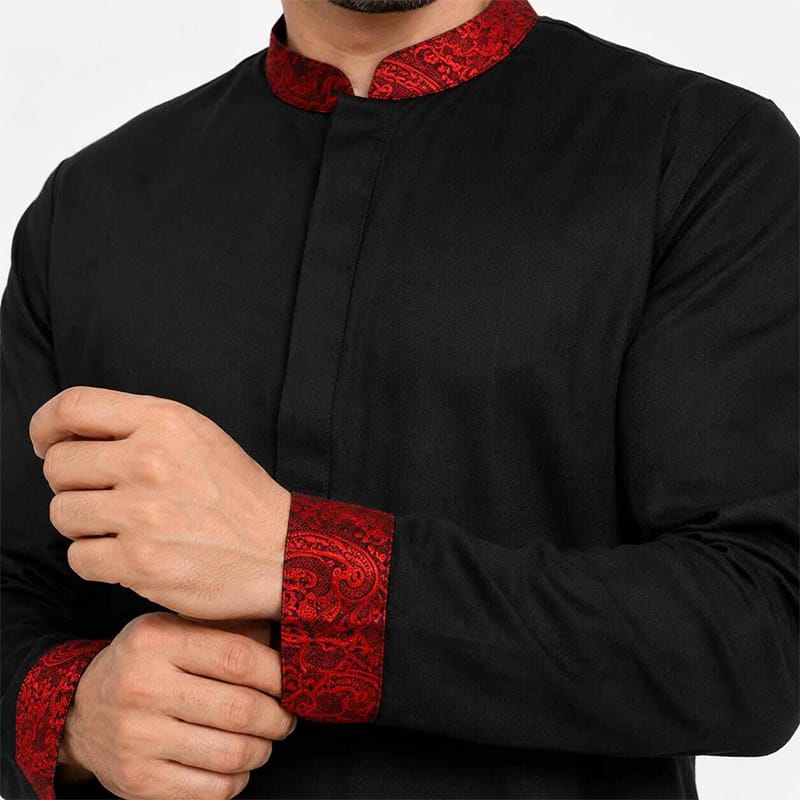 Picture of Black Panjabi with Red Contrast | Premium Men's Cotton Punjabi for Eid, Wedding, Festive & Traditional Wear | Stylish Ethnic Kurta
