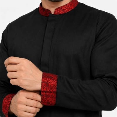 Picture of Black Panjabi with Red Contrast | Premium Men's Cotton Punjabi for Eid, Wedding, Festive & Traditional Wear | Stylish Ethnic Kurta