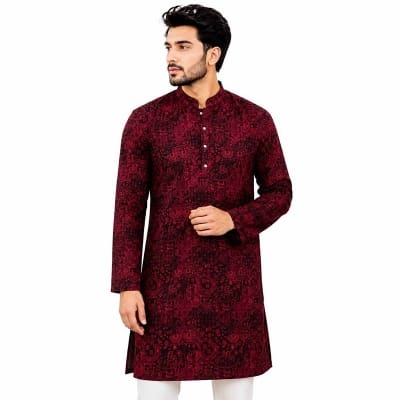 Picture of Black Panjabi with Red Contrast for Men – Premium Cotton Traditional Punjabi Kurta | Stylish Ethnic Wear for Eid, Wedding, Festive & Casual Occasions