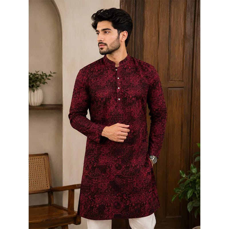 Picture of Black Panjabi with Red Contrast for Men – Premium Cotton Traditional Punjabi Kurta | Stylish Ethnic Wear for Eid, Wedding, Festive & Casual Occasions