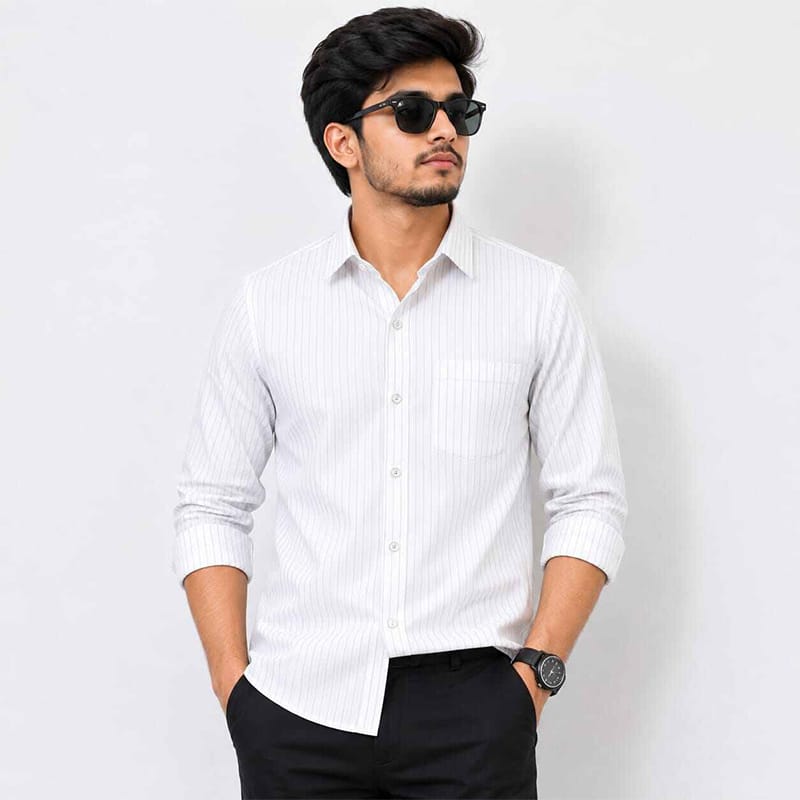 Picture of Premium Men's White Cotton Casual Formal Shirt | Slim Fit Button-Down Long Sleeve Dress Shirt | Soft Breathable Fabric | Office, Business, Party & Everyday Wear