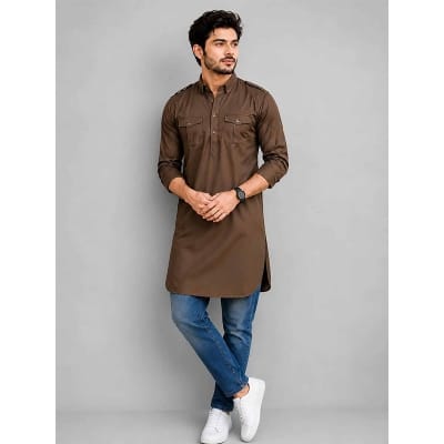 Picture of Coffee Kabli Panjabi with Contrast Design | Stylish Eid & Festive Wear for Men
