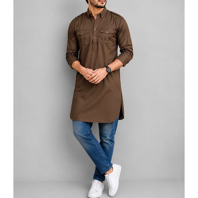 Picture of Coffee Kabli Panjabi with Contrast Design | Stylish Eid & Festive Wear for Men