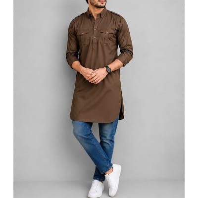 Picture of Coffee Kabli Panjabi with Contrast Design | Stylish Eid & Festive Wear for Men