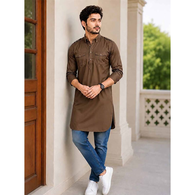 Picture of Coffee Kabli Panjabi with Contrast Design | Stylish Eid & Festive Wear for Men