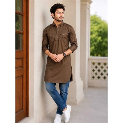 Picture of Coffee Kabli Panjabi with Contrast Design | Stylish Eid & Festive Wear for Men