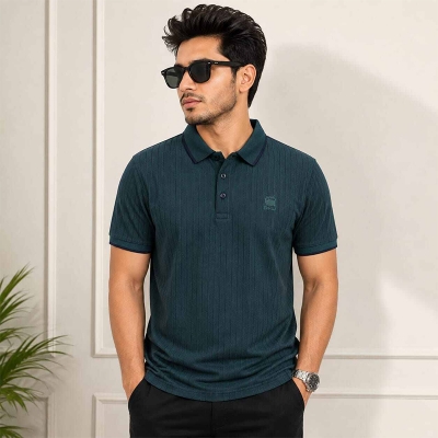 Picture of Men’s Contrast Polo Shirt – Stylish Color Block Short Sleeve Polo, Casual Slim Fit Golf Shirt, Breathable Cotton Blend Top-Deep Teal Green