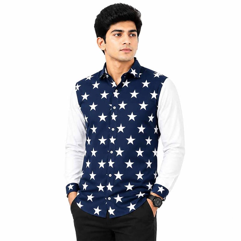 Picture of White and Blue Contrast Shirt for Men – Stylish Two Tone Casual Shirt with Premium Look, Modern Color Block Design, Comfortable Fit for Everyday Wear, Office, Travel, and Trendy Fashion