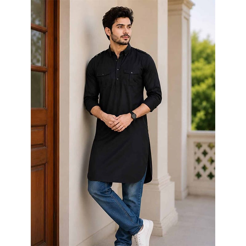 Picture of Black Kabli for Men – Premium Traditional Ethnic Wear, Stylish Long Panjabi, Comfortable Cotton Blend, Elegant Islamic Clothing for Eid, Jummah, Weddings & Special Occasions