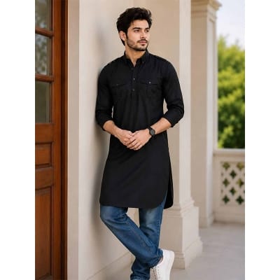 Picture of Black Kabli for Men – Premium Traditional Ethnic Wear, Stylish Long Panjabi, Comfortable Cotton Blend, Elegant Islamic Clothing for Eid, Jummah, Weddings & Special Occasions