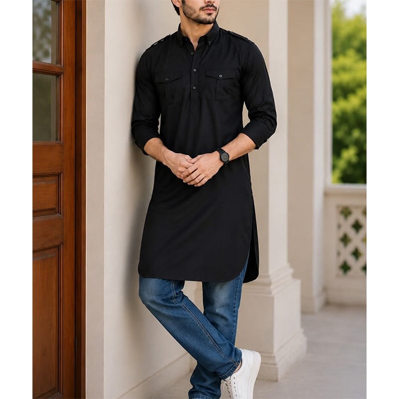 Picture of Black Kabli for Men – Premium Traditional Ethnic Wear, Stylish Long Panjabi, Comfortable Cotton Blend, Elegant Islamic Clothing for Eid, Jummah, Weddings & Special Occasions