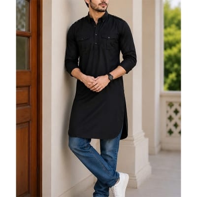 Picture of Black Kabli for Men – Premium Traditional Ethnic Wear, Stylish Long Panjabi, Comfortable Cotton Blend, Elegant Islamic Clothing for Eid, Jummah, Weddings & Special Occasions