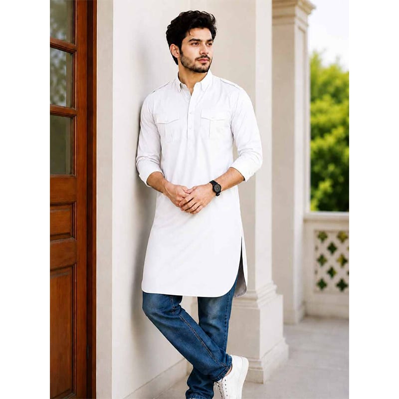 Picture of White Contrast Kabli for Men – Premium Traditional Panjabi Style with Elegant Contrast Design | Perfect for Eid, Wedding & Festive Wear