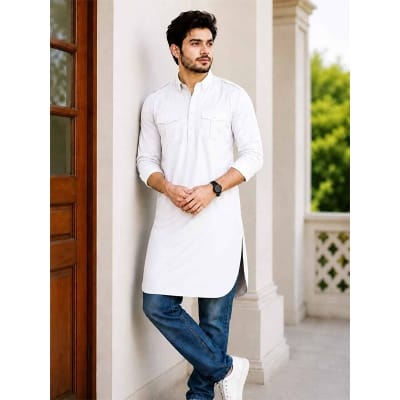 Picture of White Contrast Kabli for Men – Premium Traditional Panjabi Style with Elegant Contrast Design | Perfect for Eid, Wedding & Festive Wear