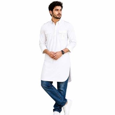 Picture of White Contrast Kabli for Men – Premium Traditional Panjabi Style with Elegant Contrast Design | Perfect for Eid, Wedding & Festive Wear