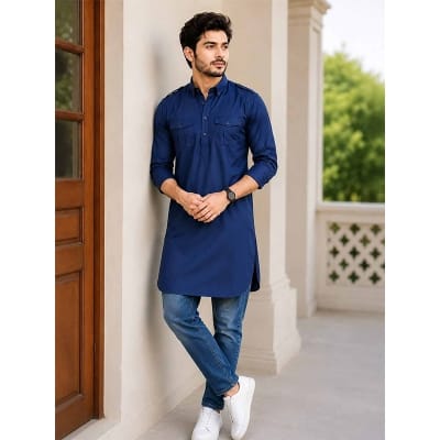 Picture of Blue Kabli with Contrast Detailing for Men | Stylish Traditional Pakistani Outfit | Elegant Casual & Festive Wear for Weddings, Eid & Special Occasions