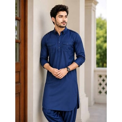 Picture of Blue Kabli with Contrast Detailing for Men | Stylish Traditional Pakistani Outfit | Elegant Casual & Festive Wear for Weddings, Eid & Special Occasions