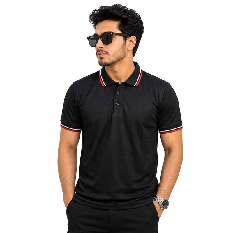 Picture of Men’s Black Contrast Polo Shirt – Stylish Short Sleeve Casual Golf Shirt with Contrast Collar & Cuffs, Smart Everyday Wear-Black(Int:L)