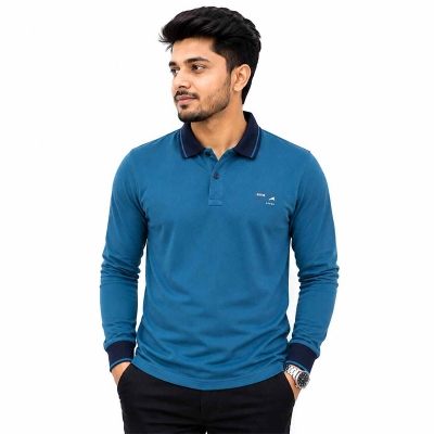 Picture of Men’s Contrast Polo Shirt – Stylish Color Block Short Sleeve Casual Golf Shirt, Breathable Cotton Blend, Modern Fit for Everyday Wear-Blue
