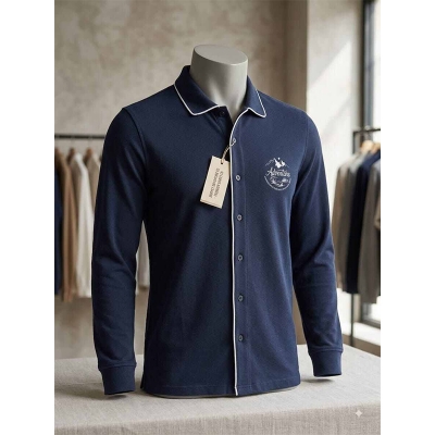 Picture of Men's Navy Blue Full Sleeve Knit Cotton Button-Down Polo Shirt - Casual Smart Wear(Int:XXL)