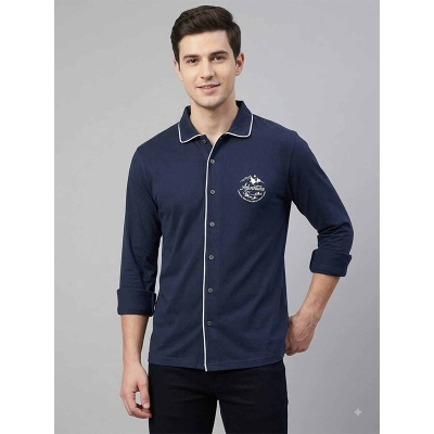 Picture of Men's Navy Blue Full Sleeve Knit Cotton Button-Down Polo Shirt - Casual Smart Wear(Int:XXL)