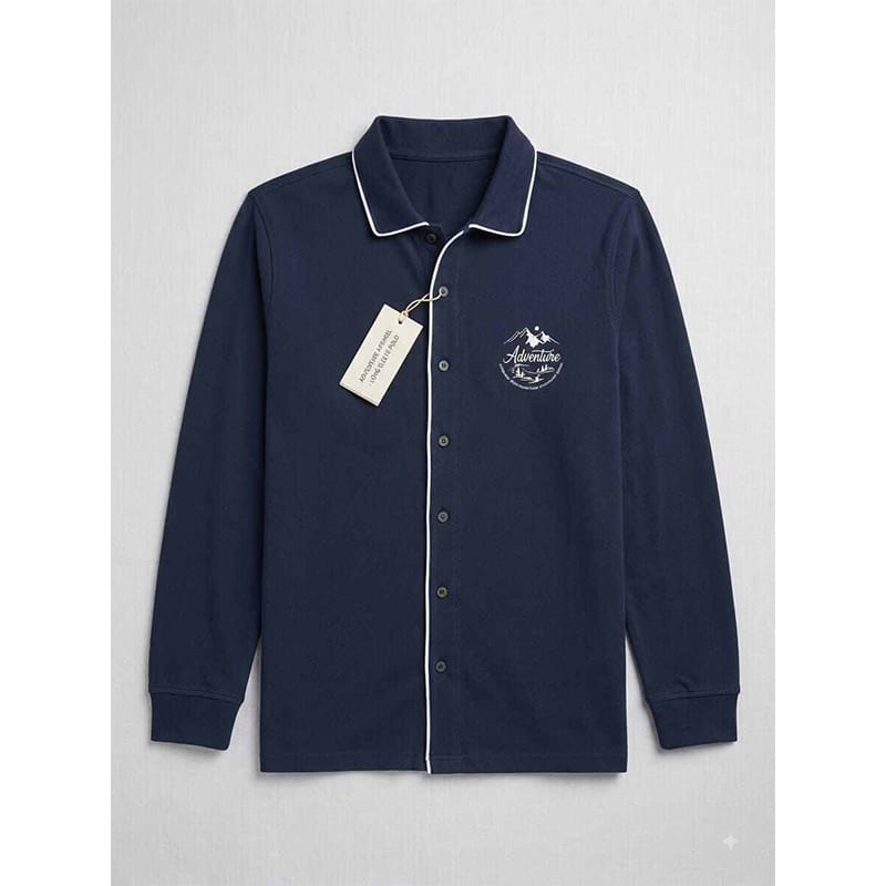 Picture of Men's Navy Blue Full Sleeve Knit Cotton Button-Down Polo Shirt - Casual Smart Wear(Int:XXL)