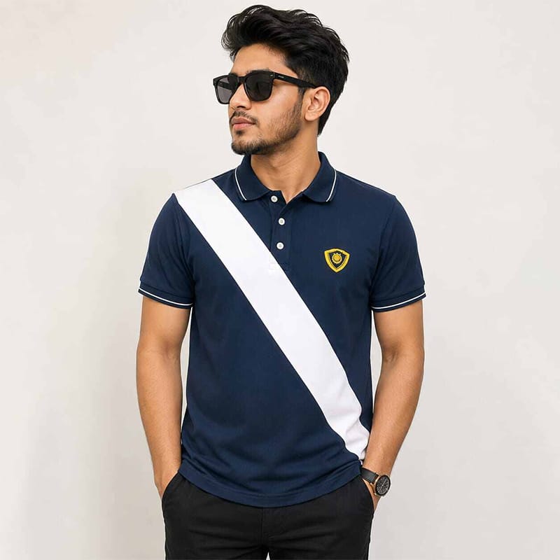 Picture of Contrast Polo Shirt for Men – Stylish Color Block Short Sleeve Casual Golf & Everyday Wear Shirt-Blue white