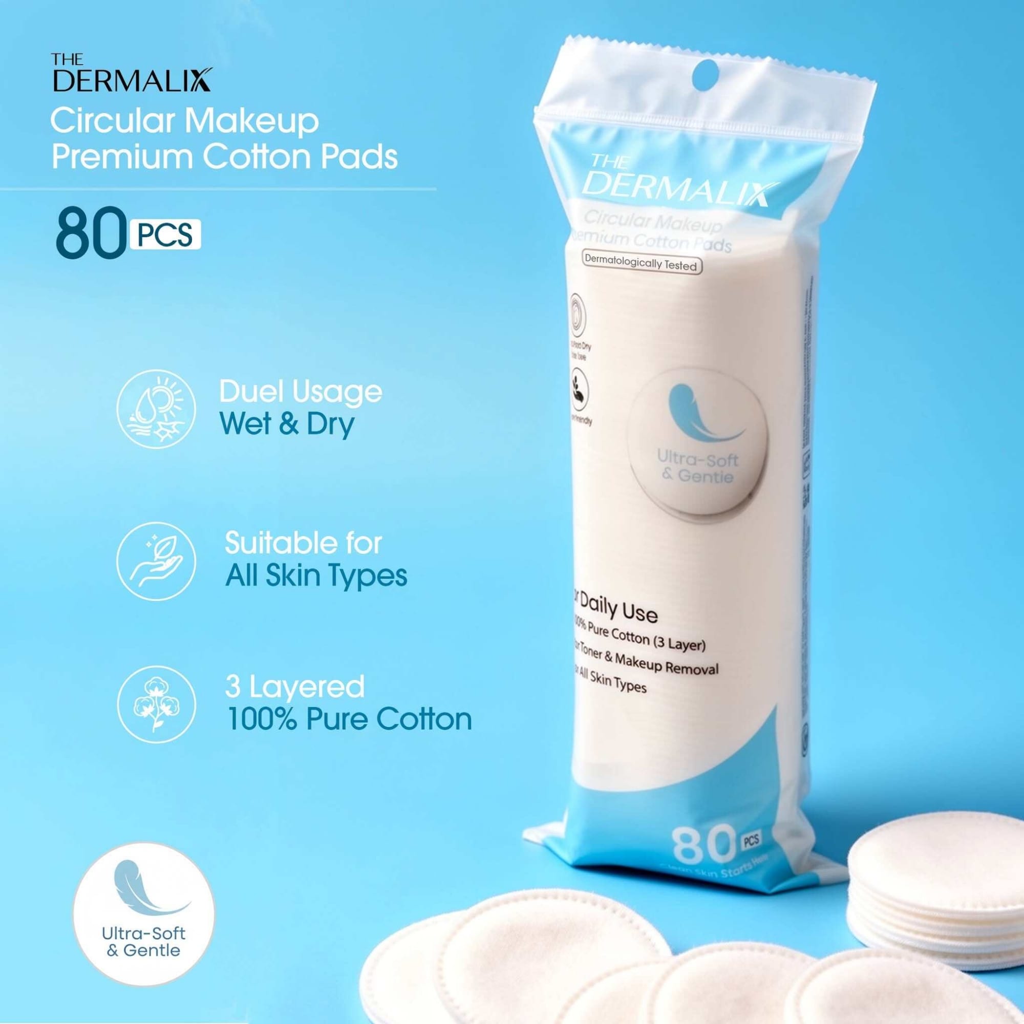 Picture of The Dermalix Premium Cotton Pads 80Pcs - White