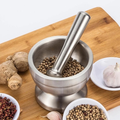 Picture of 304 Stainless Steel Mortar Pestle Spice Tamping Grinder Masher Pugging Pot HammanDista Crusher Bowl 800g with silicone cover-Silver