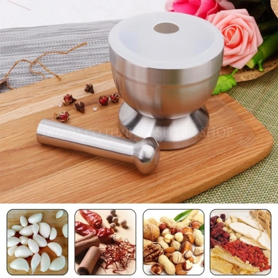 Picture of 304 Stainless Steel Mortar Pestle Spice Tamping Grinder Masher Pugging Pot HammanDista Crusher Bowl 800g with silicone cover-Silver