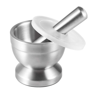 Picture of 304 Stainless Steel Mortar Pestle Spice Tamping Grinder Masher Pugging Pot HammanDista Crusher Bowl 800g with silicone cover-Silver