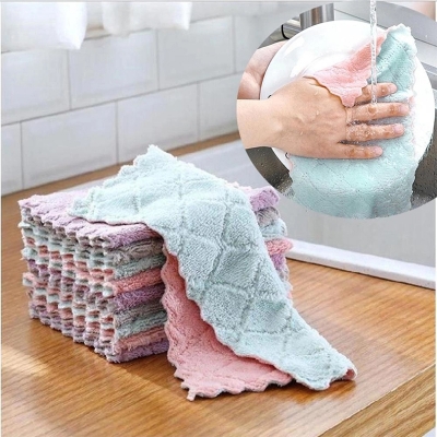Picture of 5pcs/set Household Kitchen Towels Absorbent Thicker Double-layer Microfiber Wipe Table Kitchen Towel Cleaning Dish Washing Cloth-Multicolor