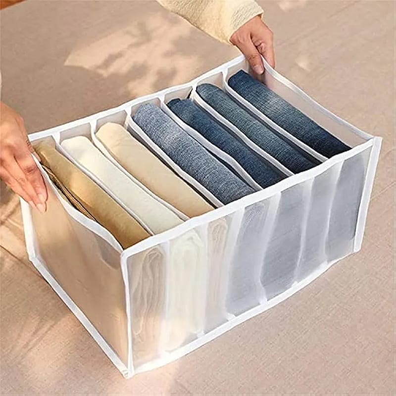 Picture of 7 Grids Washable Wardrobe Clothes Organizer, Jeans Compartment Storage Box, Clothes Drawer Mesh Separation Box, Portable Foldable Closet (Medium, white&balck)-Multicolor