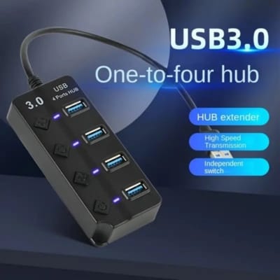 Picture of 4 Ports Usb 3.0 Hub Led Usb Hub With Switch Super Speed 5Gbps - Usb Hub-Black