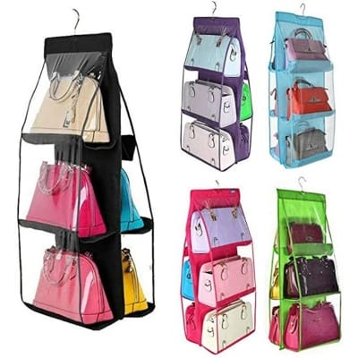 Picture of 6 Pockets Clear Hanging Purse Handbag Tote Bag Storage Organizer Closet Rack-Multicolor