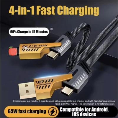 Picture of Multifunctional Mecha 4 in 1 Fast Charging 65watt PD Cable with Data Transfer for iPhone, Samsung and Others-Black