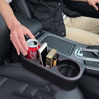 Picture of Side Pocket Console Side Pocket Leather Cover Car Cup Holder Auto Front Seat Organizer Cell Mobile Phone Holder (Black)