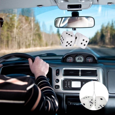 Picture of Fuzzy Plush Dice with Dots White with Black, Retro Square Plush Hanging Mirror Fuzzy Dices for Car Interior Ornament Decoration