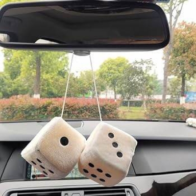 Picture of Fuzzy Plush Dice with Dots White with Black, Retro Square Plush Hanging Mirror Fuzzy Dices for Car Interior Ornament Decoration