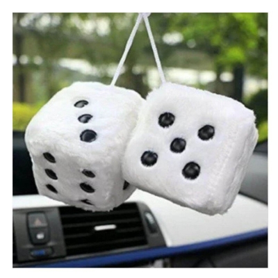 Picture of Fuzzy Plush Dice with Dots White with Black, Retro Square Plush Hanging Mirror Fuzzy Dices for Car Interior Ornament Decoration