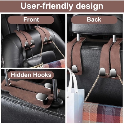 Picture of 2 pcs Car Seat Hooks for Headrest,  Car Seat Back Double Hooks, Leather Double Headrest Purse Hooks for Car, Car Back Seat Headrest Hooks for Handbags, Bags, Purses