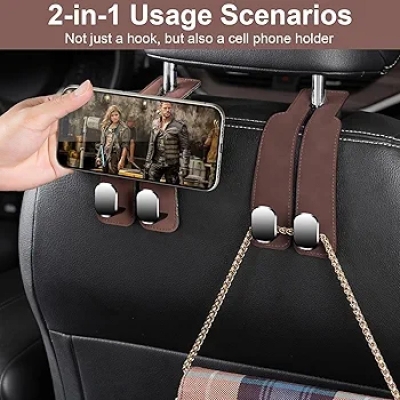 Picture of 2 pcs Car Seat Hooks for Headrest,  Car Seat Back Double Hooks, Leather Double Headrest Purse Hooks for Car, Car Back Seat Headrest Hooks for Handbags, Bags, Purses