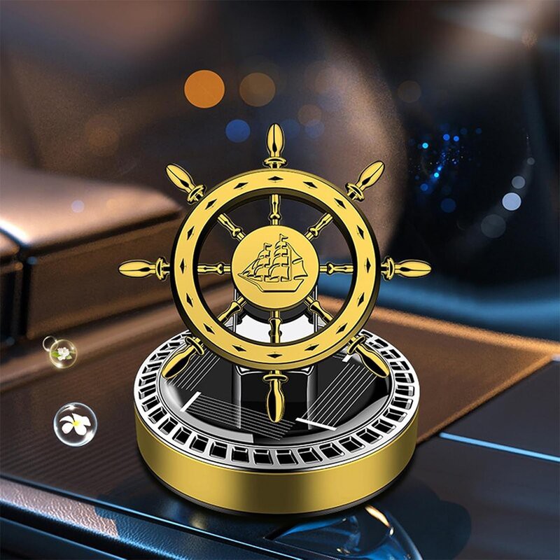 Picture of Solar Rotating Ship Wheel Car Air Freshener – Luxury Dashboard Perfume with Compass Design