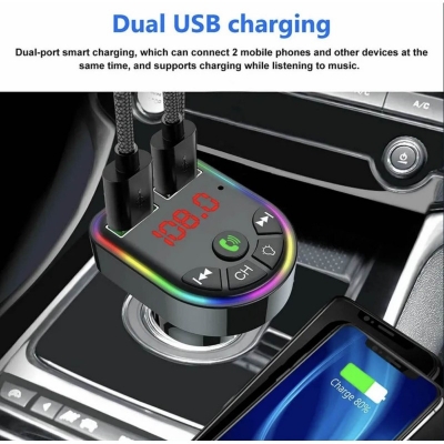 Picture of 3.1A Bluetooth 5.0 Car Charger FM Transmitter MP3 Player Wireless Handsfree Audio Receiver Colorful LED Display USB Car Charger - Black
