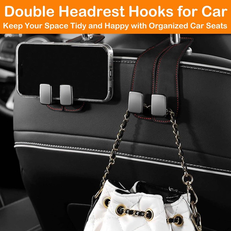Picture of 1 Pcs Car Hooks for Headrest, Car Seat Hooks Purse Hook for Car, Double Headrest Hooks Purse Holder & Mobile Phone Holder, Car Hanger Storage Car Seat Back Organizer for Bags, Purses, Handbags(Black)