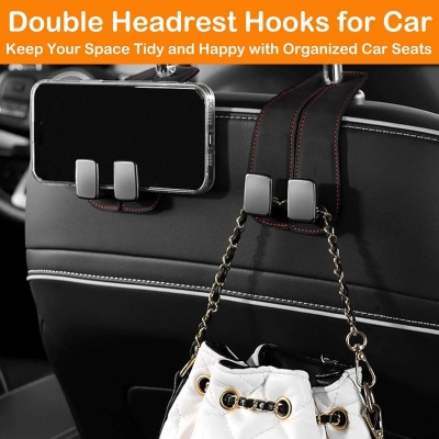 Picture of 1 Pcs Car Hooks for Headrest, Car Seat Hooks Purse Hook for Car, Double Headrest Hooks Purse Holder & Mobile Phone Holder, Car Hanger Storage Car Seat Back Organizer for Bags, Purses, Handbags(Black)