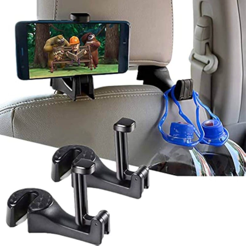 Picture of Universal Car 2 in 1 Car Headrest Hidden Hook Upgraded Car Back Seat Hook with Mobile Phone Holder Bracket for Purse Backpacks Umbrella - Black