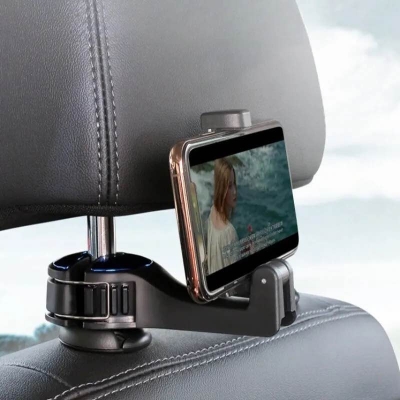 Picture of Universal Car 2 in 1 Car Headrest Hidden Hook Upgraded Car Back Seat Hook with Mobile Phone Holder Bracket for Purse Backpacks Umbrella - Black