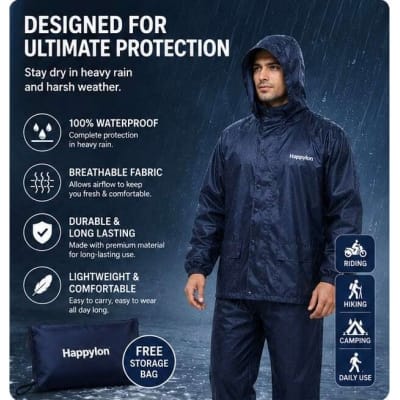 Picture of Happylon Premium Waterproof Raincoat Set for Men & Women (Jacket + Pant + Storage Bag) - Blue