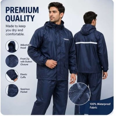 Picture of Happylon Premium Waterproof Raincoat Set for Men & Women (Jacket + Pant + Storage Bag) - Blue